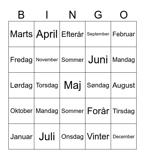 kalender Bingo Card