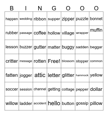 Double Consonants in the Middle Bingo Card