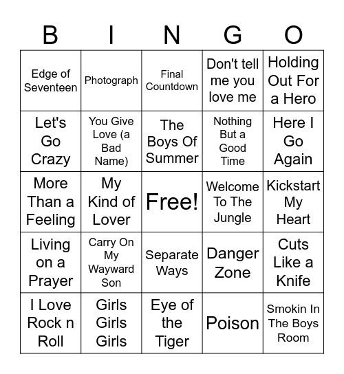 80's Rock Bingo Card