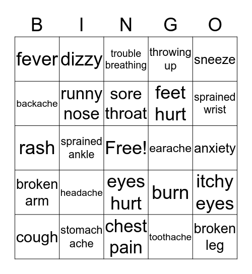 Symptoms Bingo Card