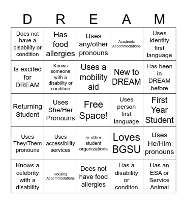 DREAM Bingo Card