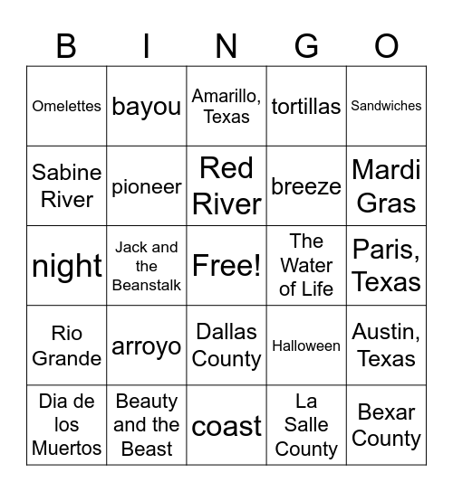 Texas Influence Bingo Card