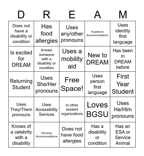 DREAM Bingo Card