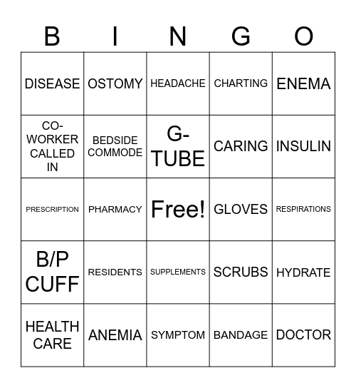 Nursing Bingo Card