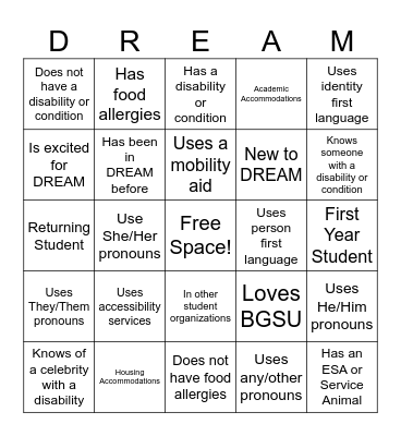DREAM Bingo Card