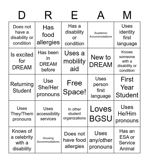 DREAM Bingo Card