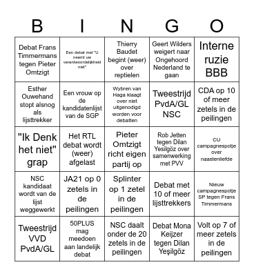 Bingokaart verkiezingsperiode herfst 2023 Bingo Card