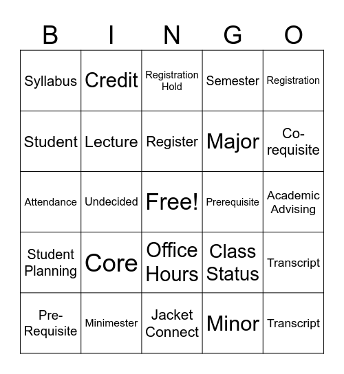 Academic Advising Bingo Card