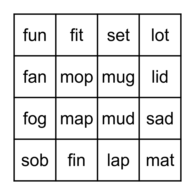 /s, f, m, l/ CVC words Bingo Card