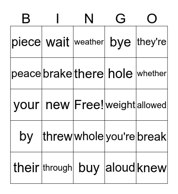 Homophones Bingo Card