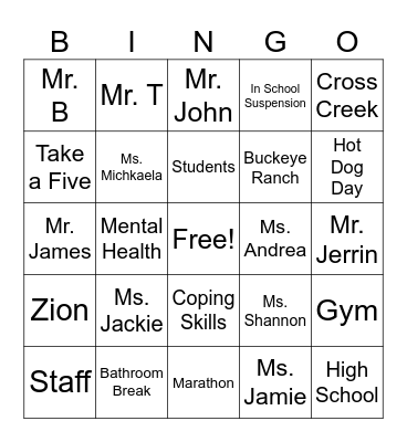 Bonner Academy Bingo Card