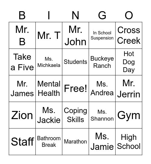 Bonner Academy Bingo Card
