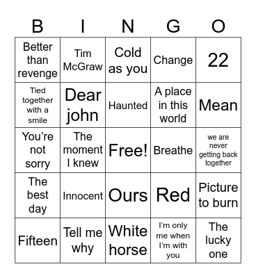 Taylor Swift Bingo Card