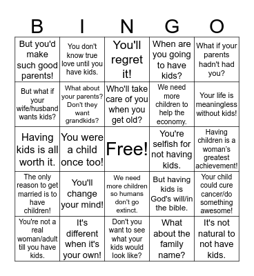Why don't you have kids? Bingo Card