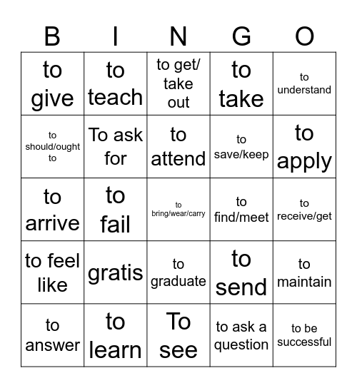 List #1 Verbs Bingo Card