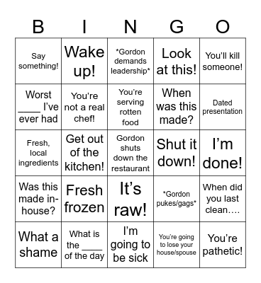 Kitchen Nightmares Bingo Card