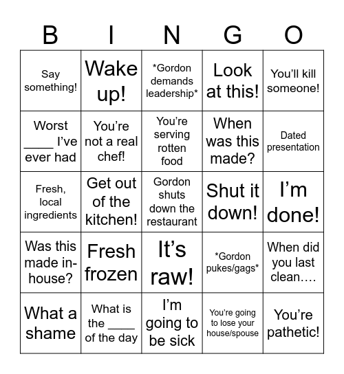 Kitchen Nightmares Bingo Card