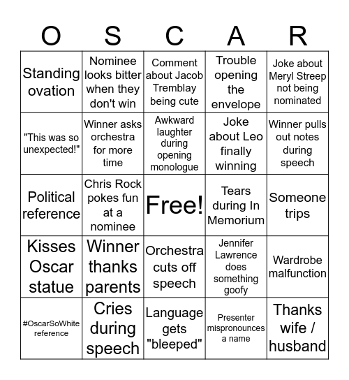 Oscar 2016 Bingo Card
