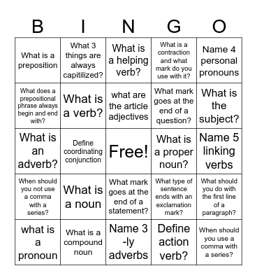 Grammar Bingo Questions Bingo Card