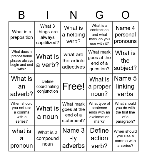 Grammar Bingo Questions Bingo Card