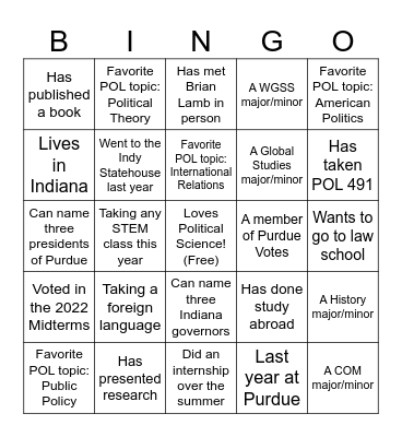 Political Science Meet & Greet Bingo Card
