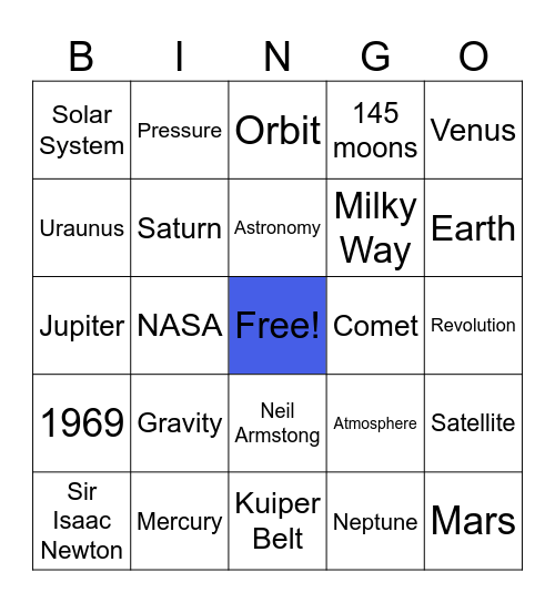 Space Vocabulary Bingo Card