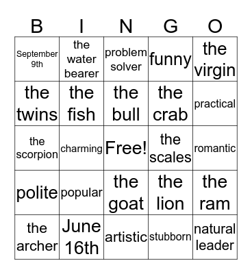 HOROSCOPE Bingo Card