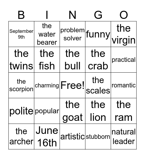 HOROSCOPE Bingo Card