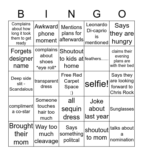 Red Carpet Bingo 2016  Bingo Card