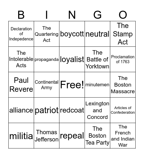 American Revolution Review Bingo Card