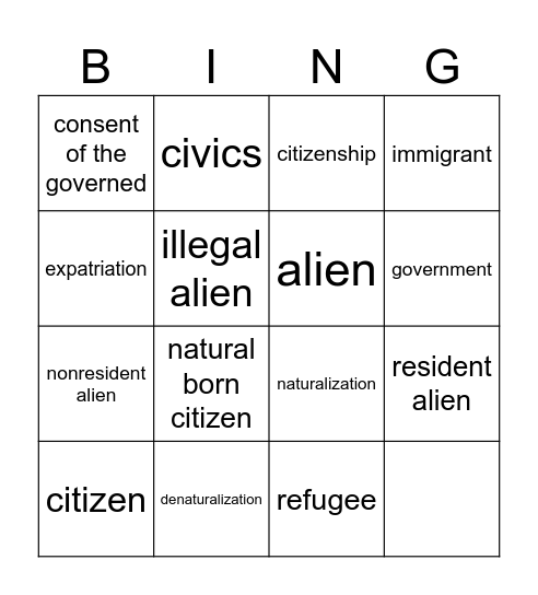 Becoming A Citizen Bingo Card
