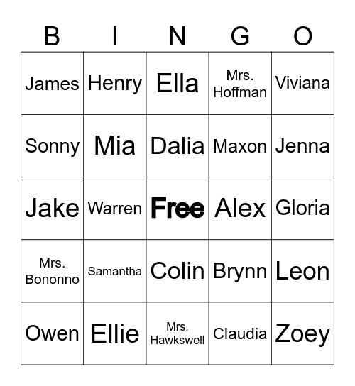 Kindergarten Name Bingo Card