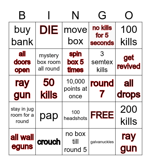 COD Zombie Bingo Card
