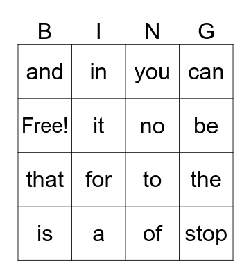 Sight Words 1 Bingo Card