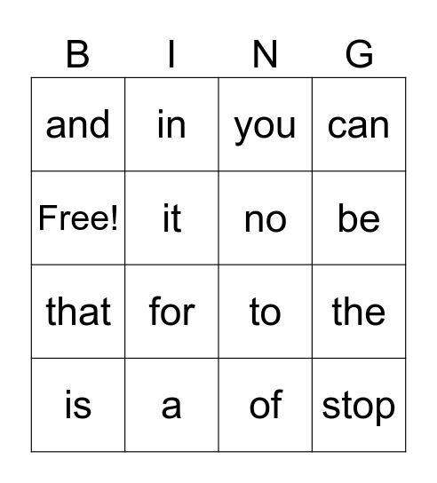 Sight Words 1 Bingo Card