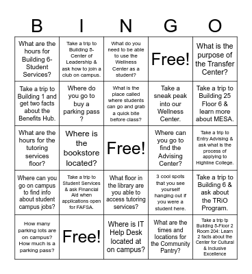 Highline College Campus Tour Bingo Card