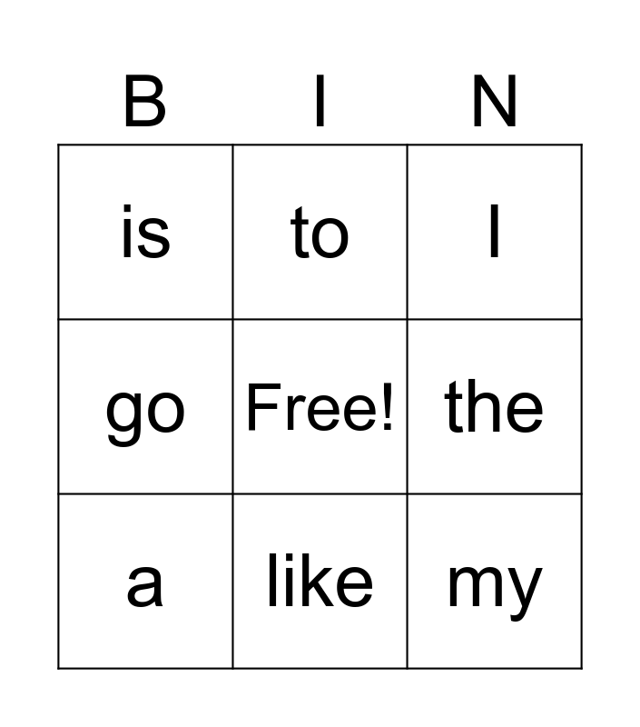 Sight Words Bingo Card