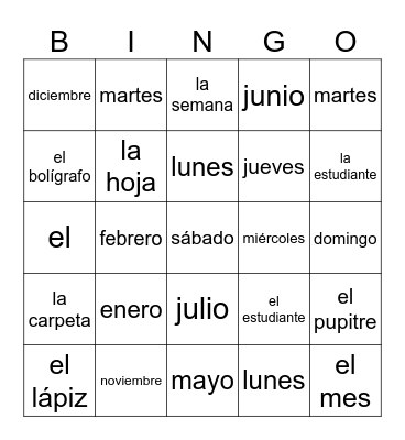 Para empezar 2 - vocabulario Bingo Card