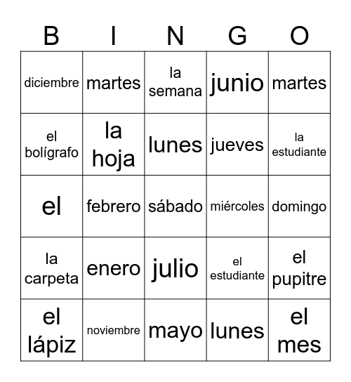 Para empezar 2 - vocabulario Bingo Card