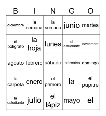 Para empezar 2 - vocabulario Bingo Card