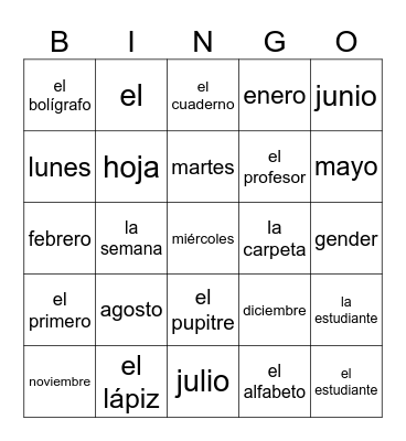 Para empezar 2 - vocabulario Bingo Card