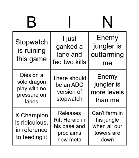 Baz Complain Bingo Card