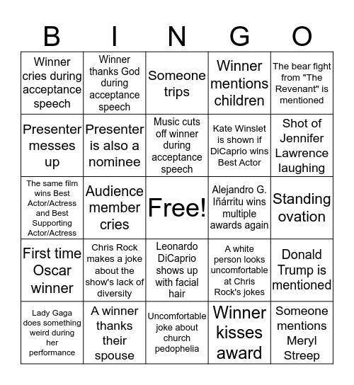Oscar 2016 Bingo Card