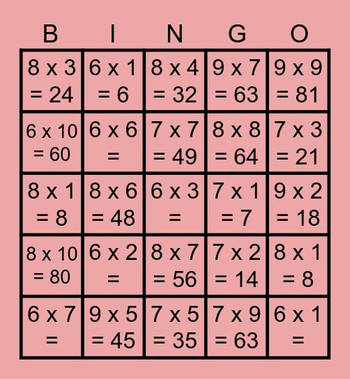 matemática Bingo Card