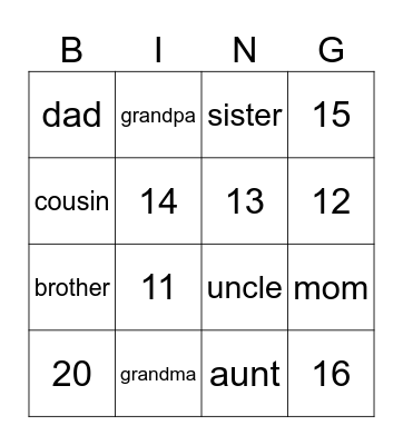 Family + numbers Bingo Card
