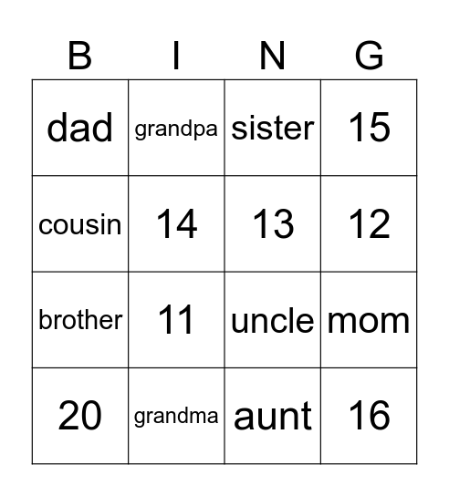 Family + numbers Bingo Card