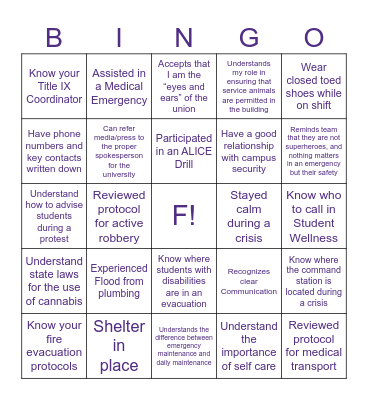 ACUI Building Manager Seminar Bingo Card