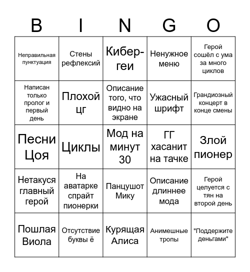 Бинго на моды по БЛ Bingo Card