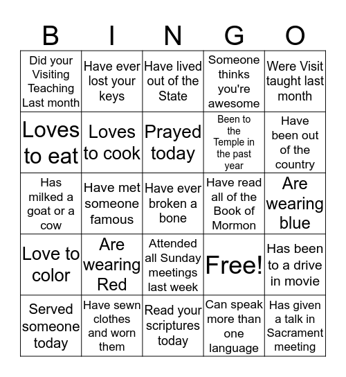 Relief Society Bingo Card