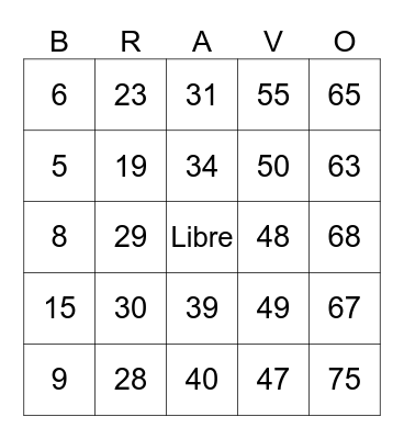 Bravo! 1-75 Bingo Card